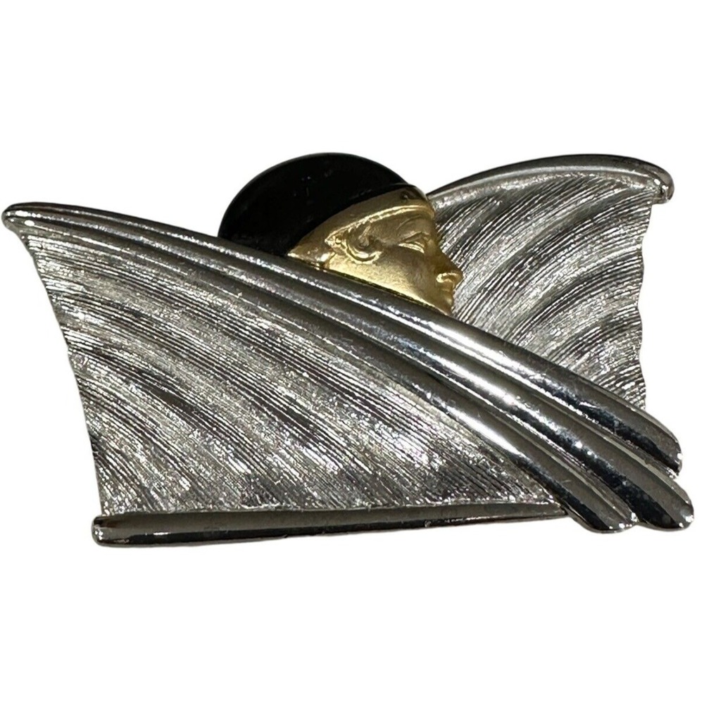 Art Deco Style Lady Brooch Pin Two Tone Mixed Metal Enamel Brooch Unsigned